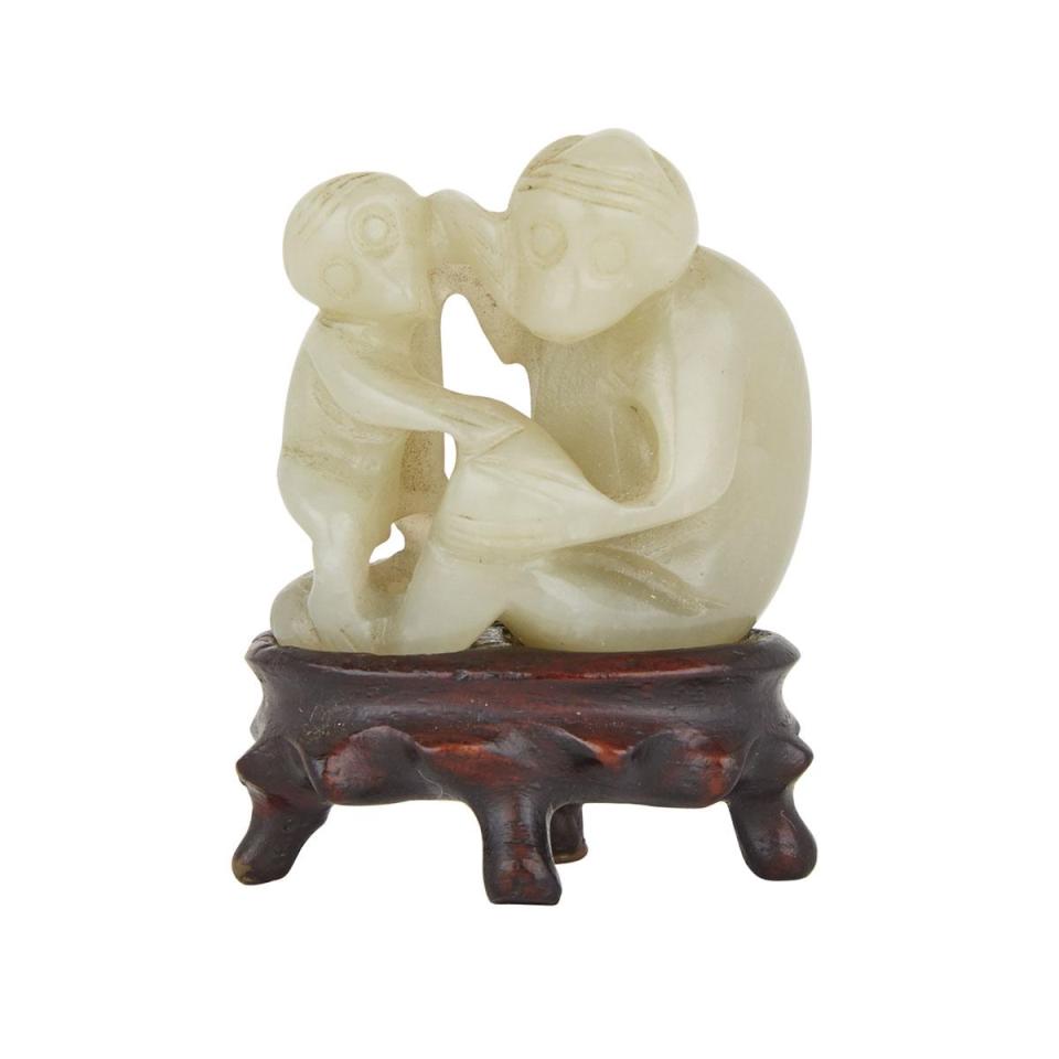 A Celadon Jade Carving of Two Monkeys, 19th Century