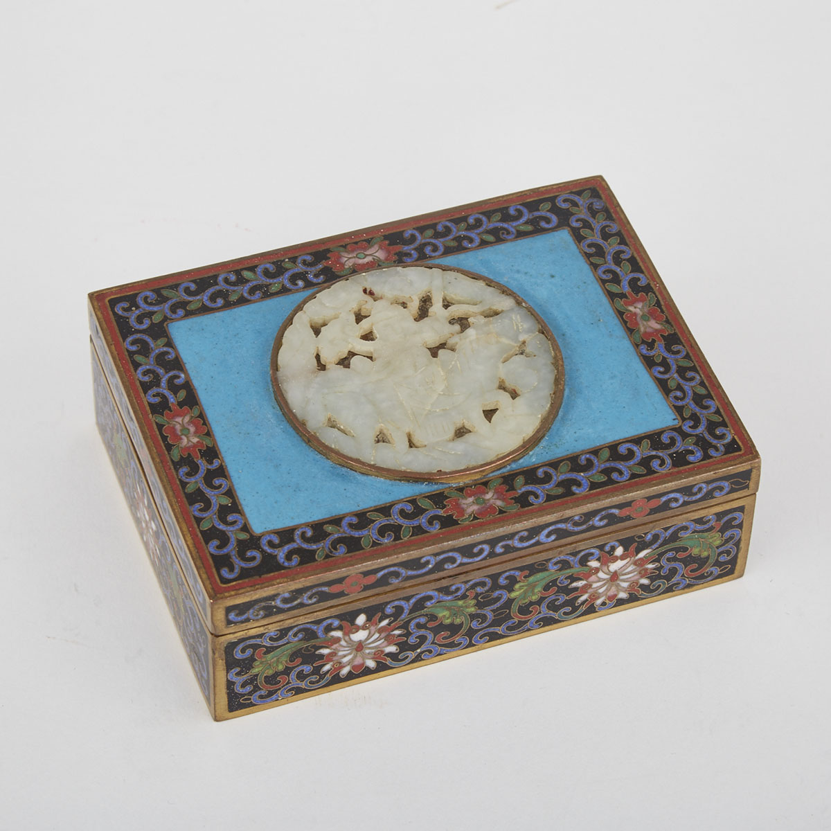 Cloisonne Box with Inlaid Jade Panel, Early 20th Century 