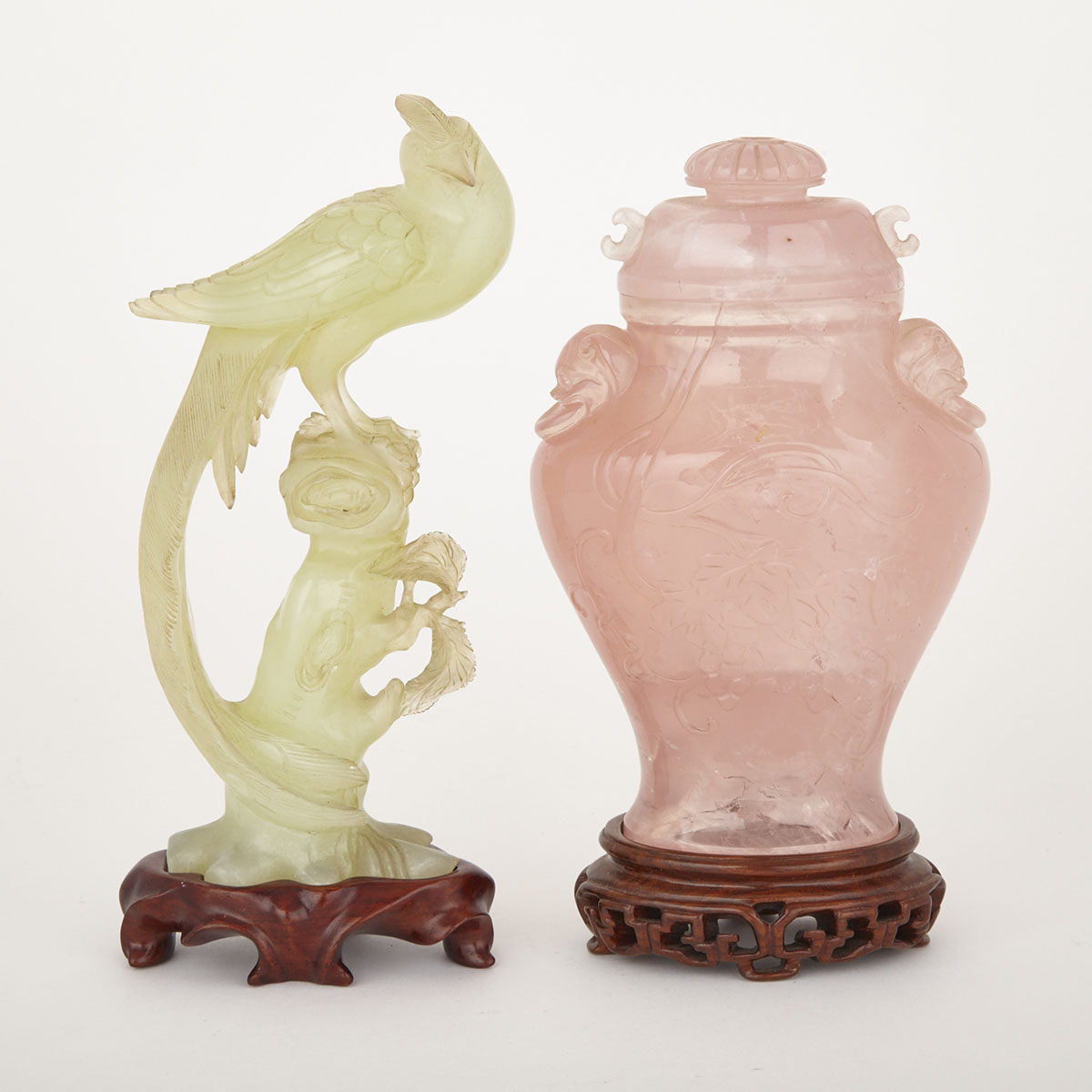 A Carved Rose Crystal Vase and a Hardstone Bird 