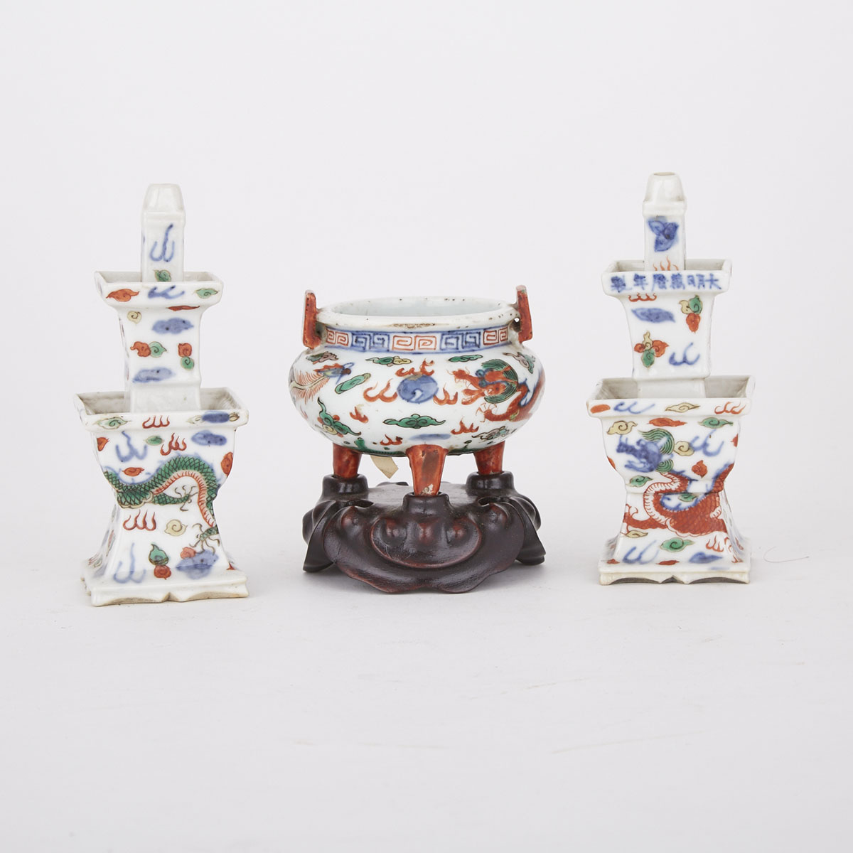 Miniature Ming-Style Censer and Pair of Tiered Taperstick Holders, Early 20th Century