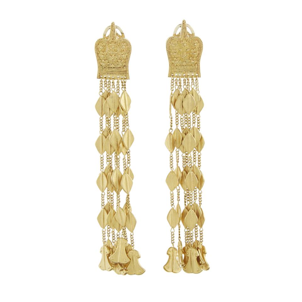 Pair Of Lalaounis 18k And 22k Yellow Gold Etruscan Revival Style Drop Earrings