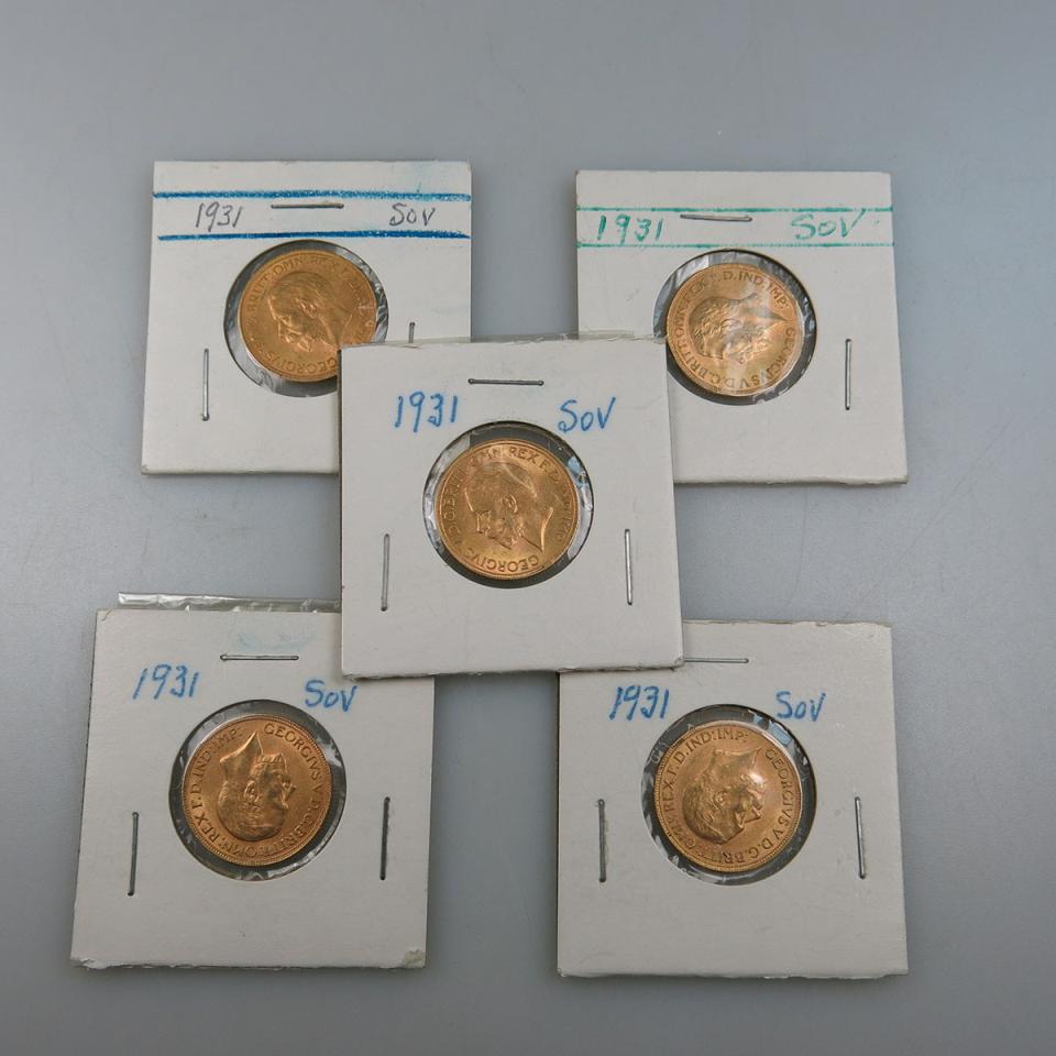 Five South African 1931 Gold Sovereigns