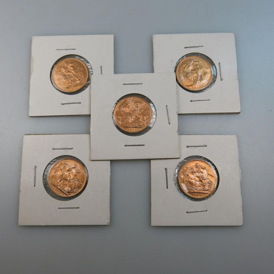 Five Australian 1910S Gold Sovereigns
