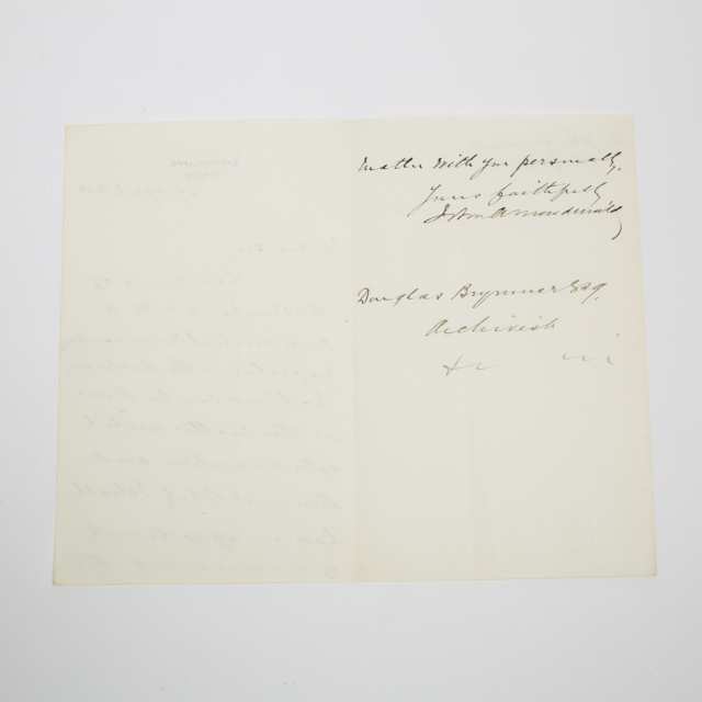 Sir John A. Macdonald Autographed Letter Signed to Douglas Brymner, 27th April, 1888