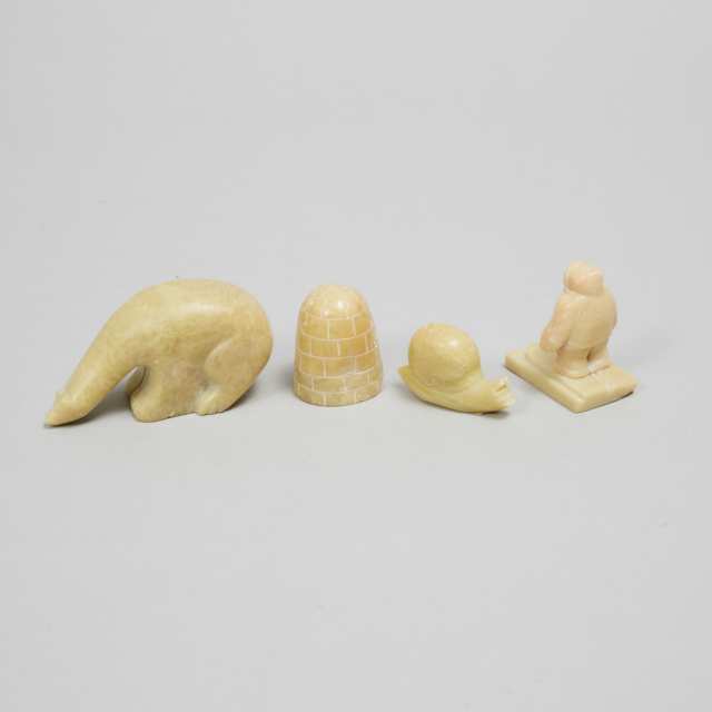 Four Small Grenfell Labrador Industries Carved Serpentine Figures, mid 20th century