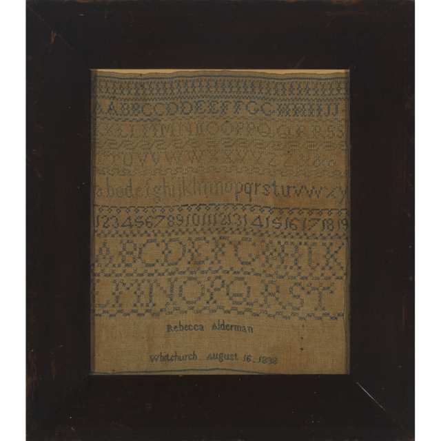 Ontario Alphabet Sampler, Rebecca Alderman, Whitchurch, August 16, 1838