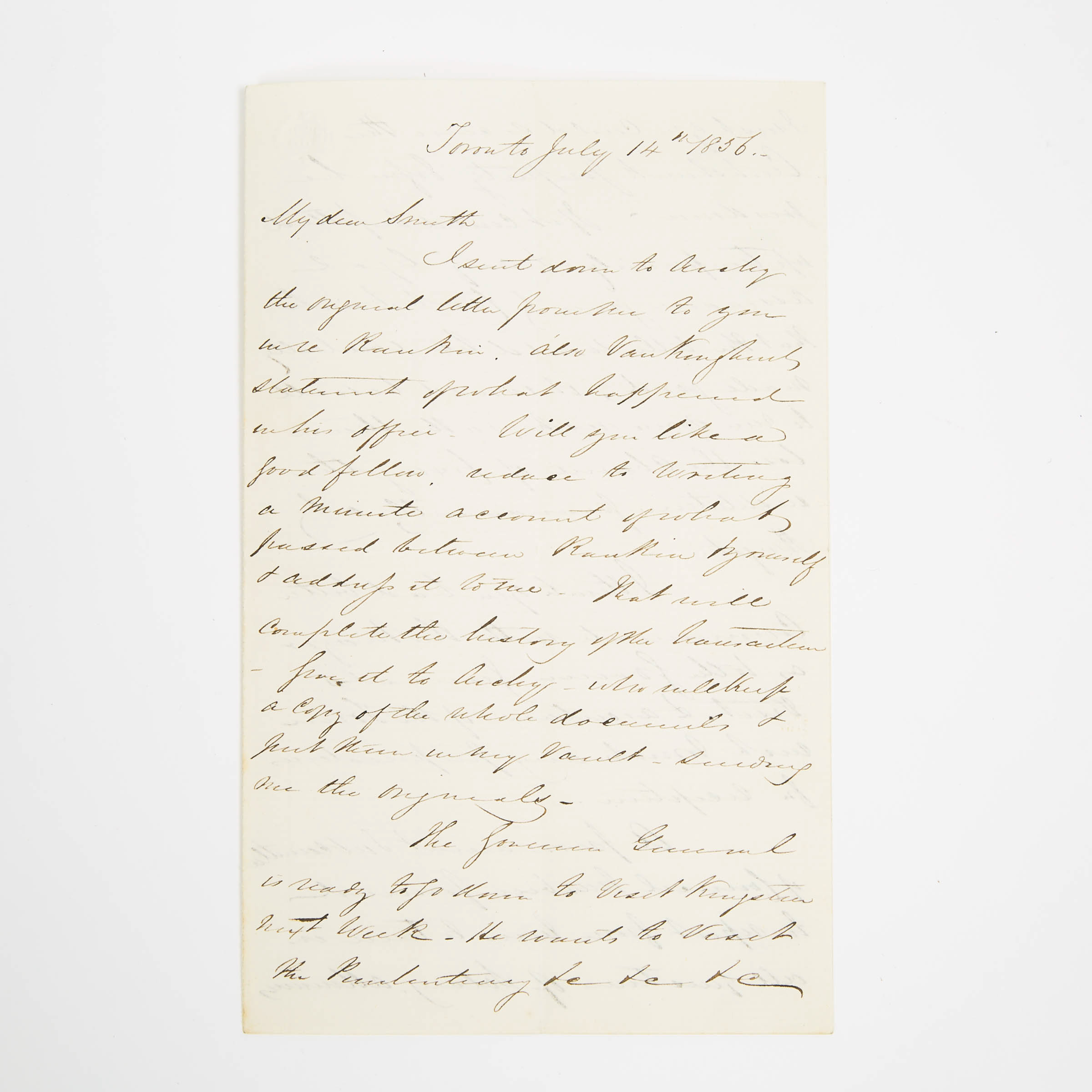 Sir John A. Macdonald (1815-1891) Autographed Letter Signed, To Sir Henry Smith, Toronto, July 14th, 1856