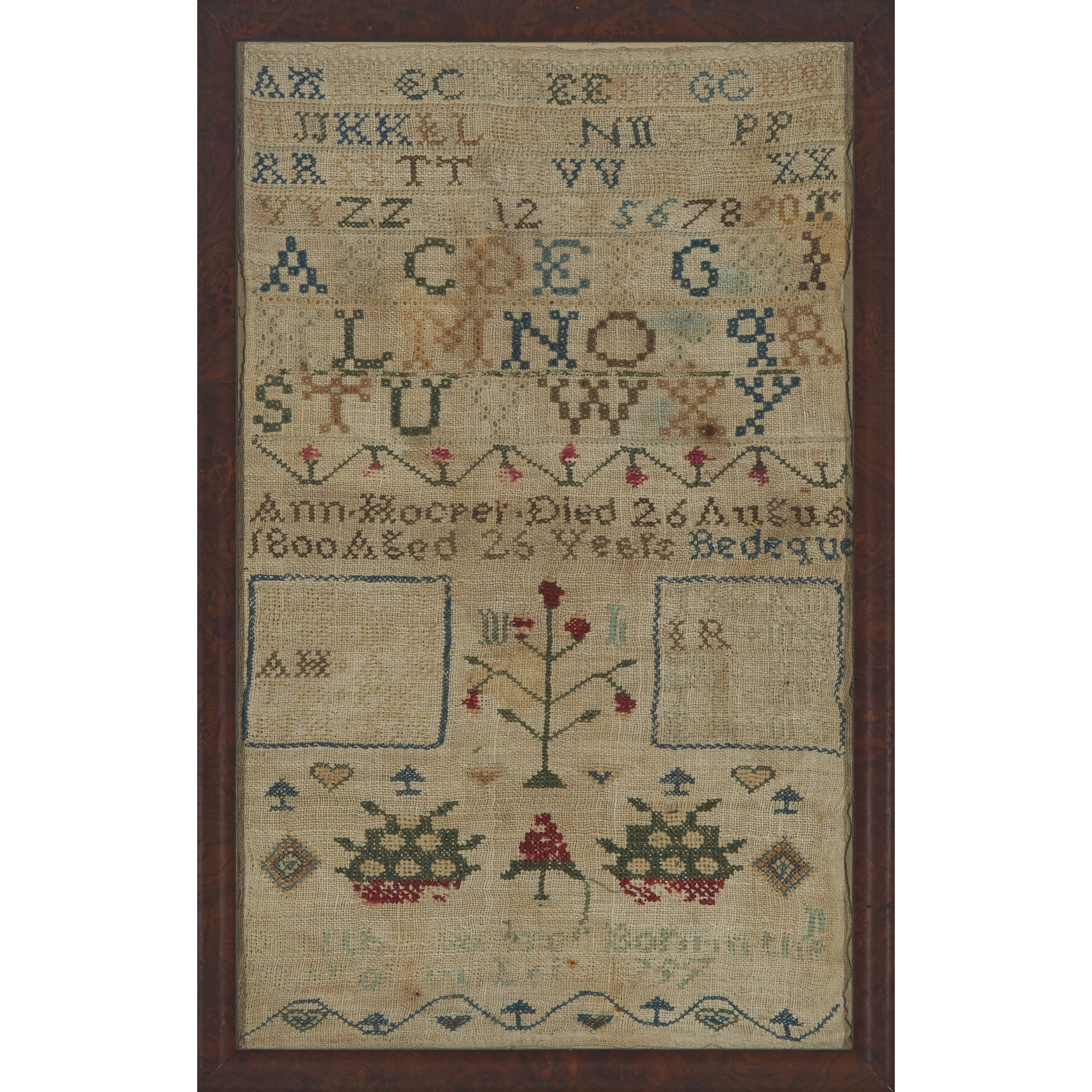 Early Prince Edward Island Memorial Sampler to Ann Hooper, Died 26 August, Bedeque, 1800