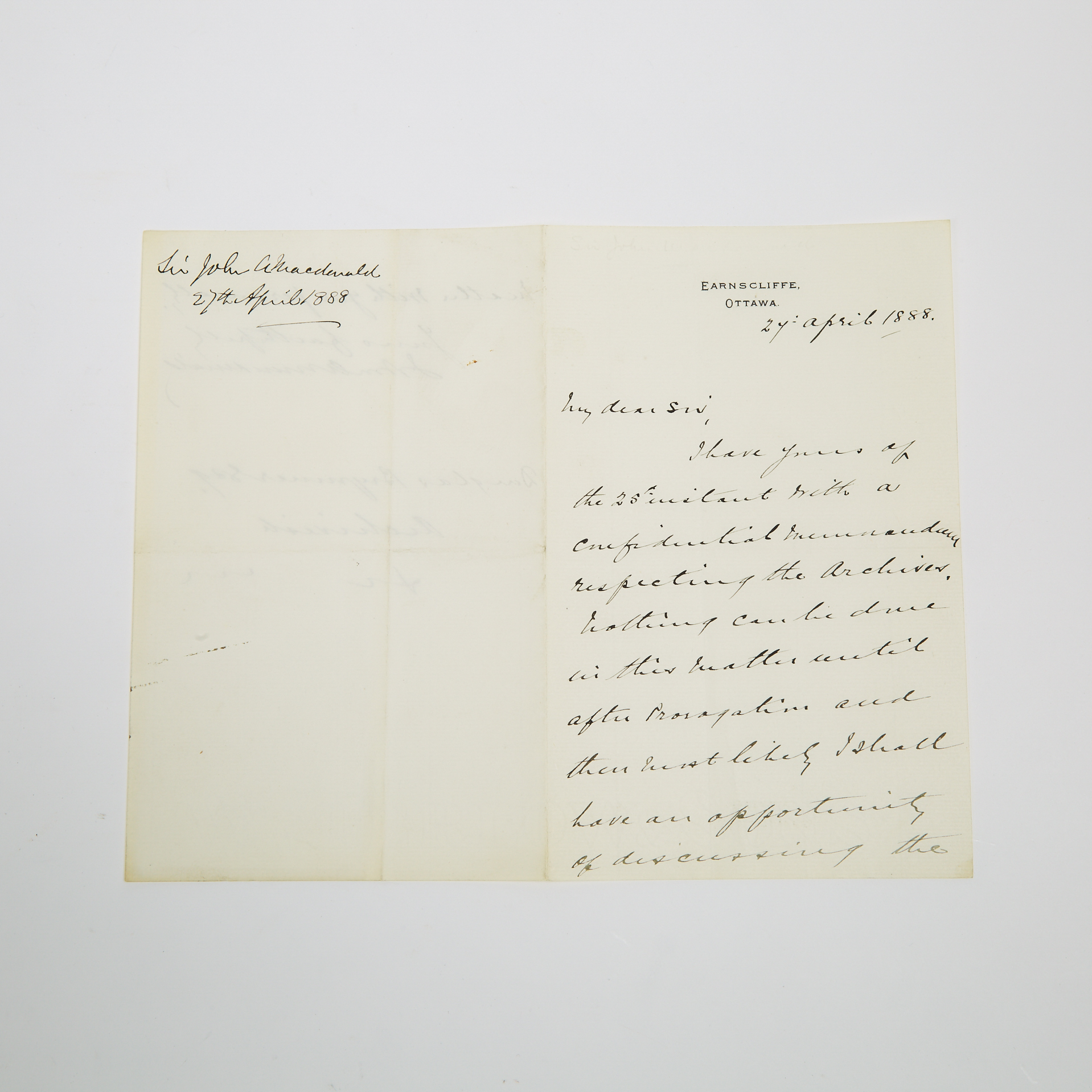 Sir John A. Macdonald Autographed Letter Signed to Douglas Brymner, 27th April, 1888