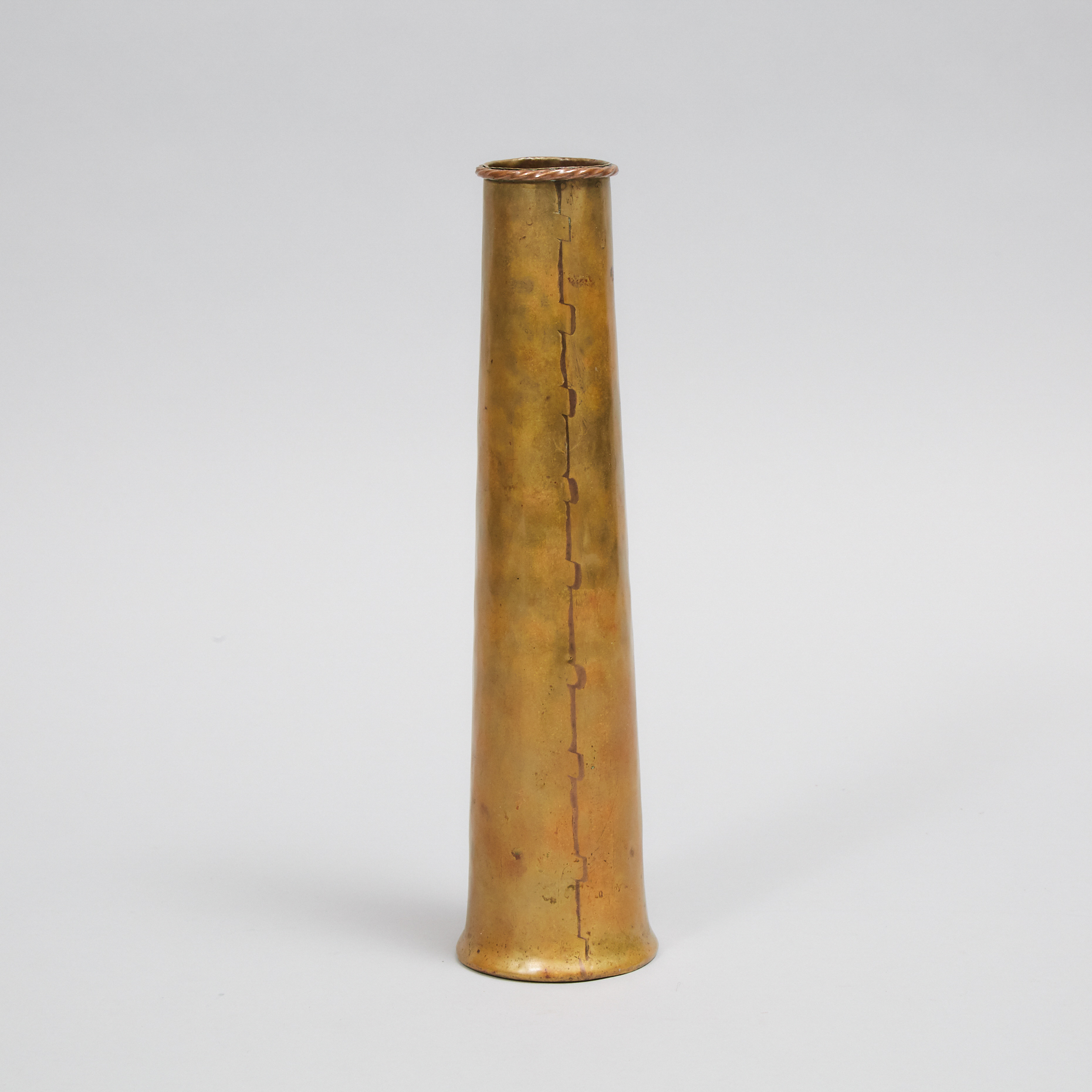 Paul Beau (Canadian, 1871-1941) Tall Copper Mounted Brass Cone Vase, Montreal, early 20th century
