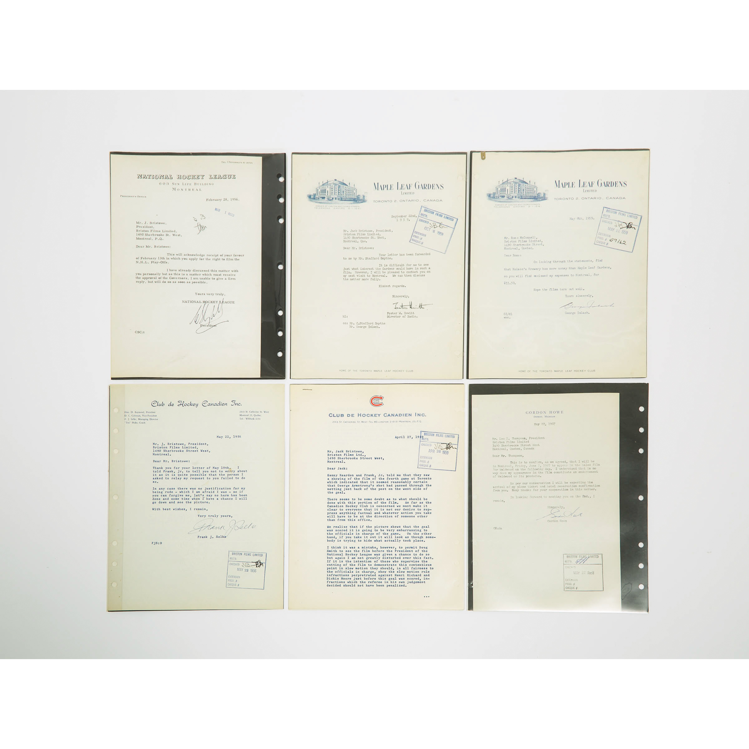 Six Letters Relating to National Hockey League and Briston Films and Filming Rights, 1956-1967