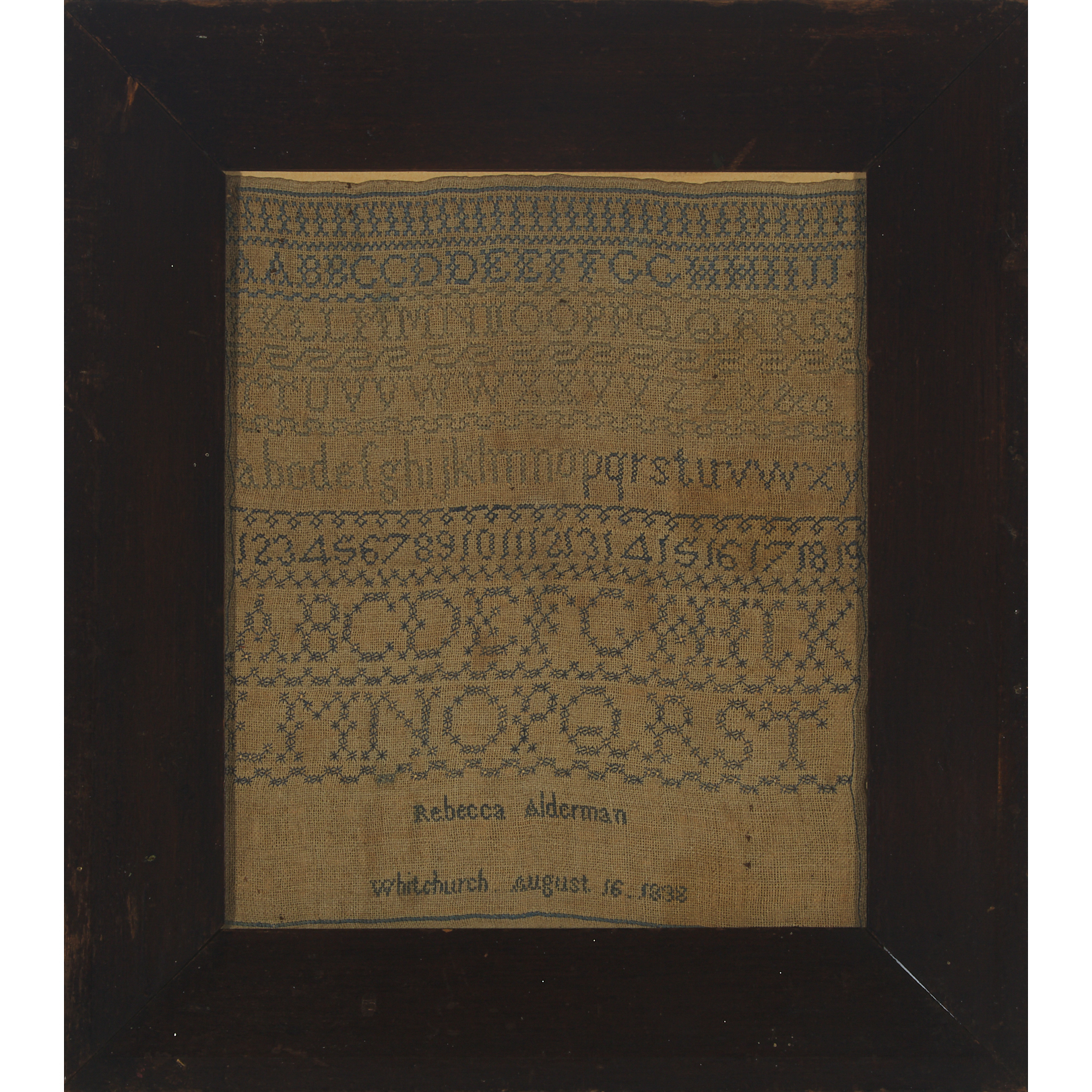 Ontario Alphabet Sampler, Rebecca Alderman, Whitchurch, August 16, 1838