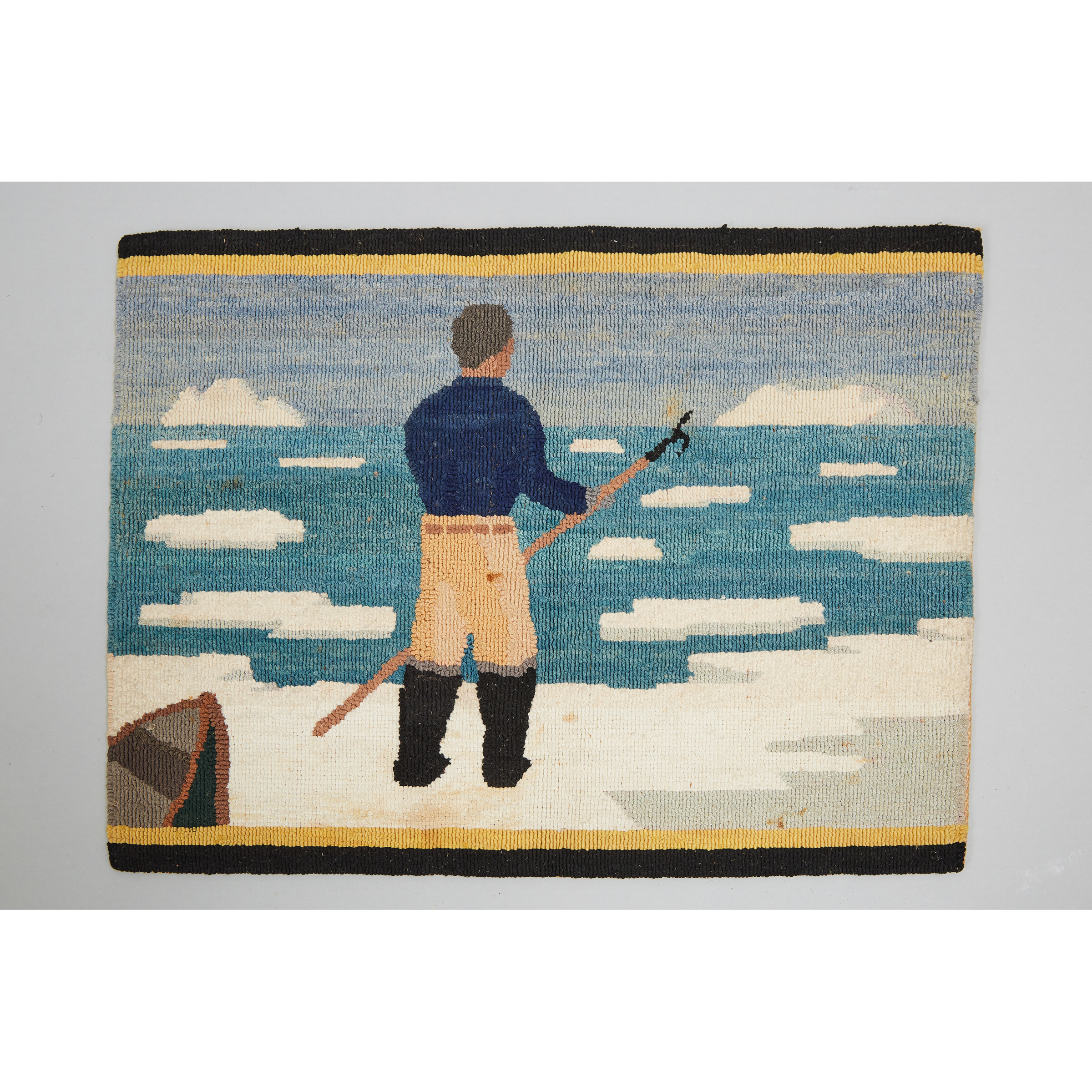 Grenfell Labrador Industries 'Hunter with Harpoon, Boat and Ice Flow' Hooked Mat, c.1930
