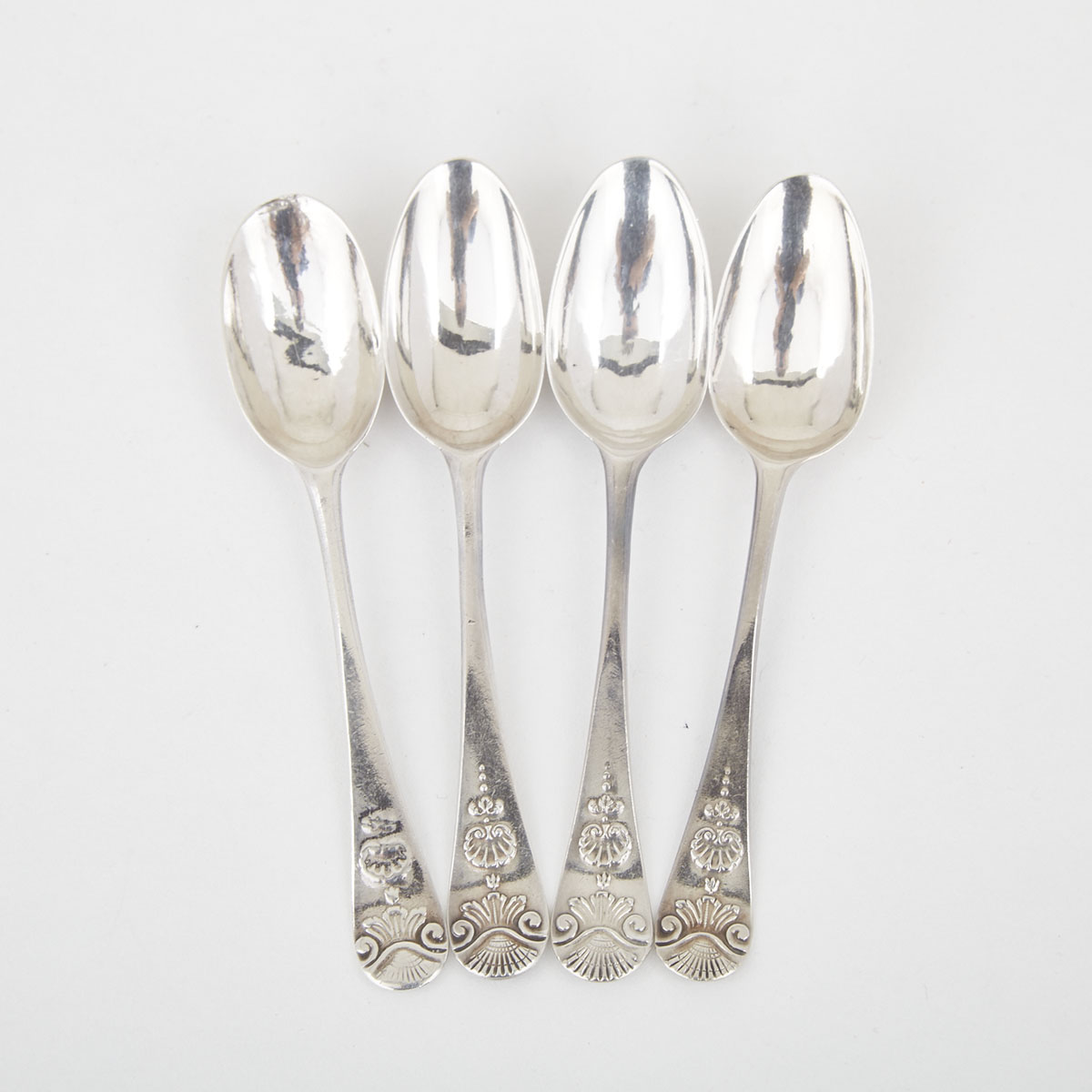 Four George II Silver Scroll and Shell Tea Spoons, Ann Hill, London, c.1740