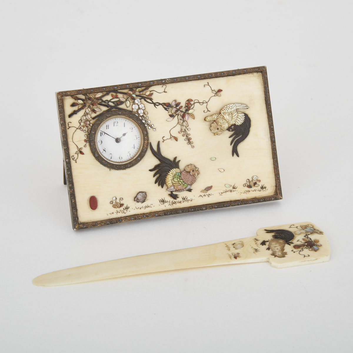 Japanese Shibayama Desk Clock and Letter Opener, c.1900