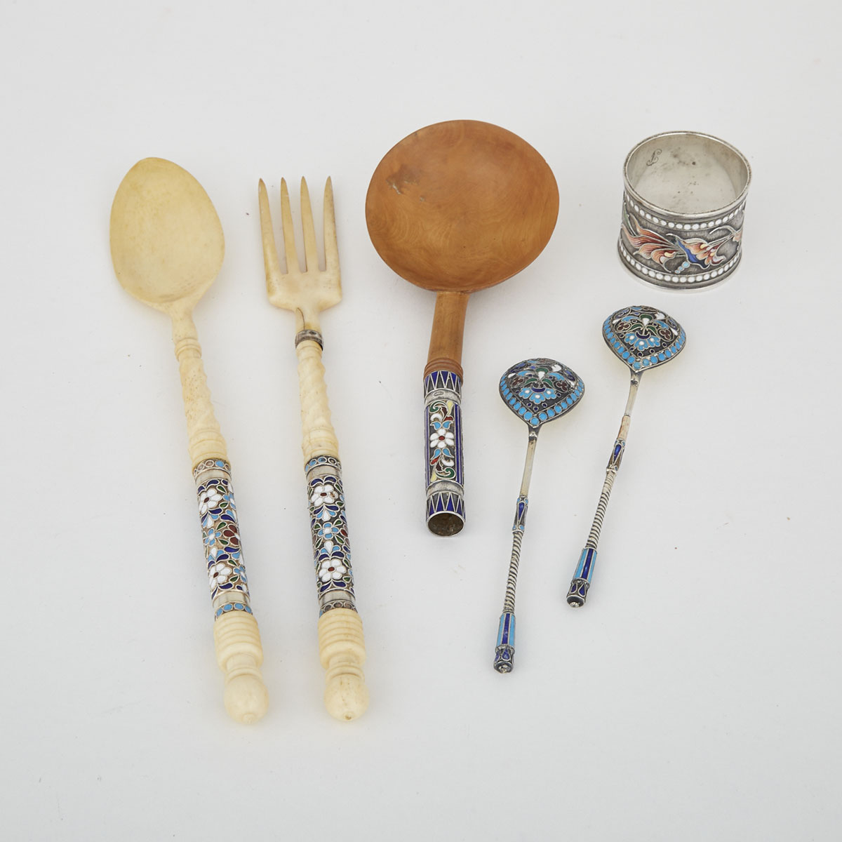 Five Pieces of Russian Cloisonné Enameled Silver Flatware and a Napkin Ring, early 20th century