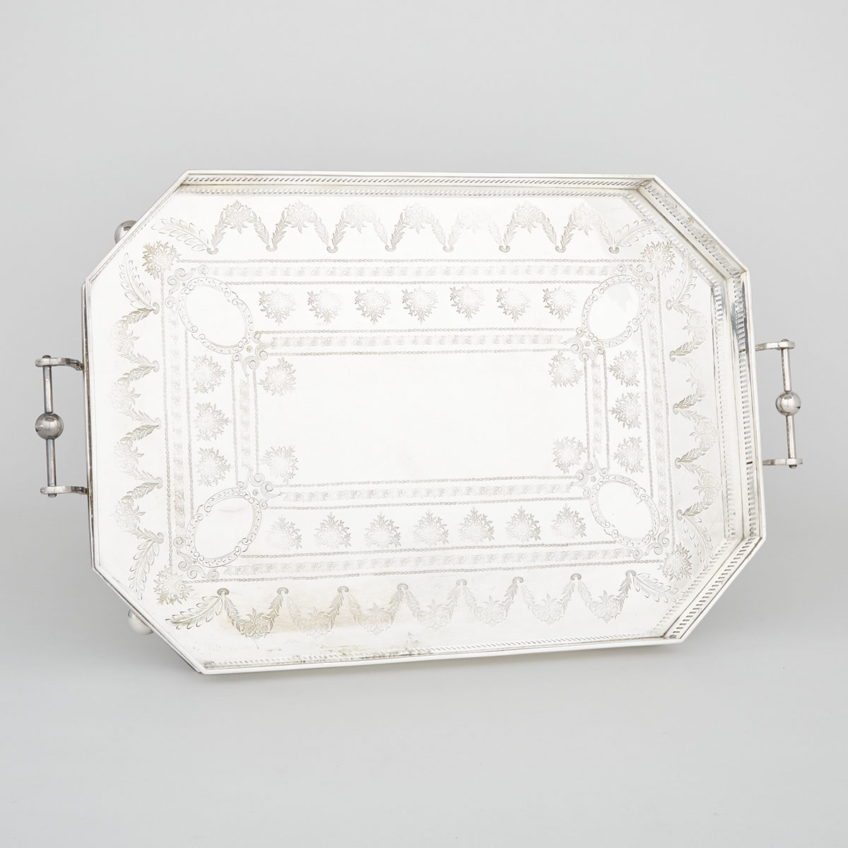 Edwardian Silver Plated Two-Handled Octagonal Galleried Serving Tray, early 20th century