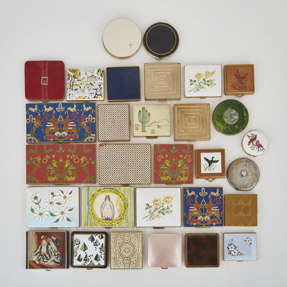 Collection of Approximately 30 Compacts Face Powder Compacts, and Cigarette Cases,mid 20th century