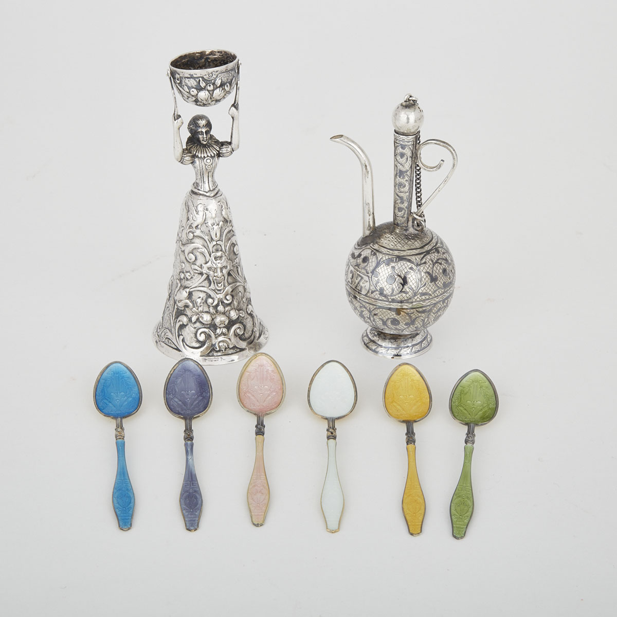 German Silver Wager Cup, Caucasian Nielloed Oil Pot and Six Scandinavian Enameled Coffee Spoons, 20th century