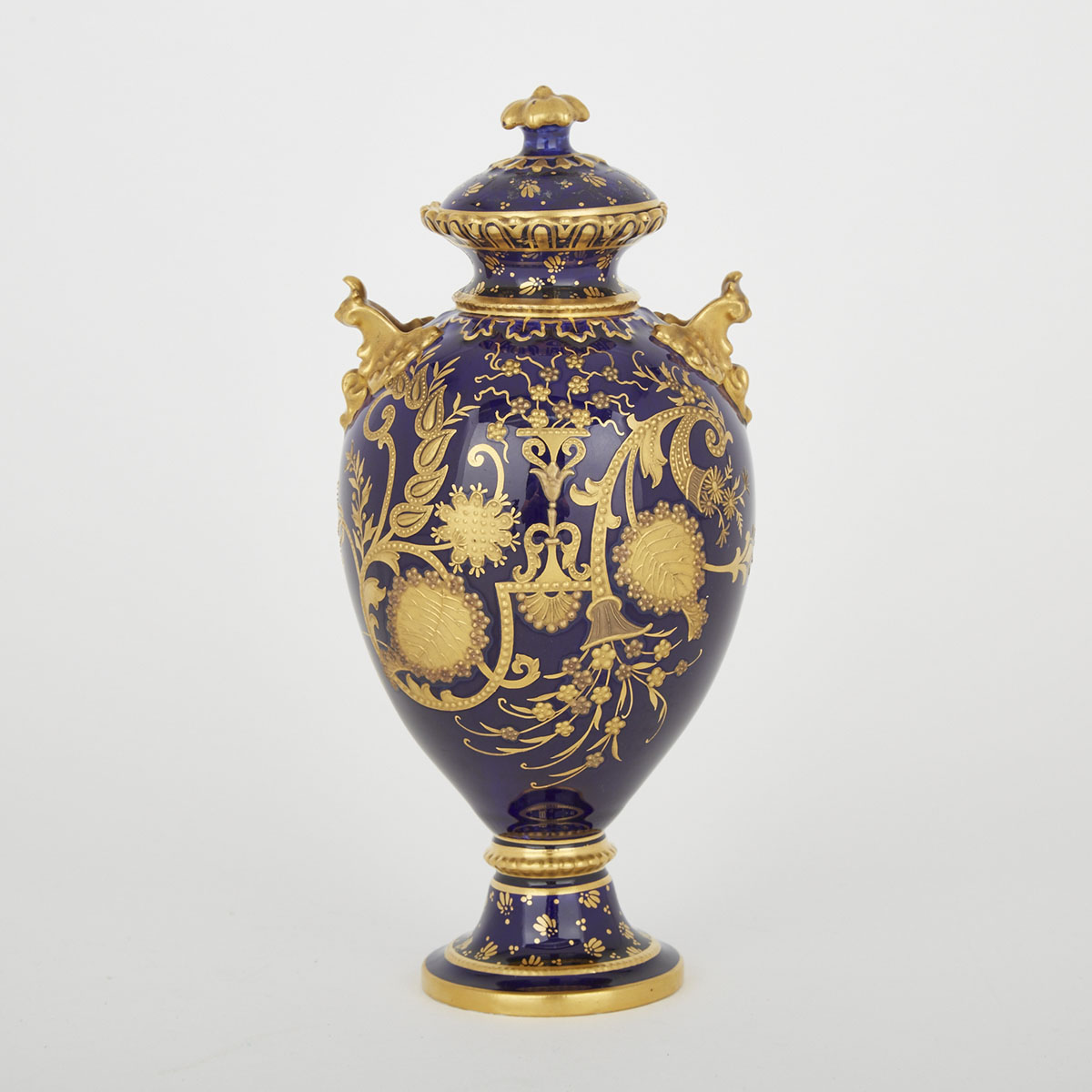 Royal Crown Derby Blue and Gilt Decorated Cabinet Vase and Cover, c.1895