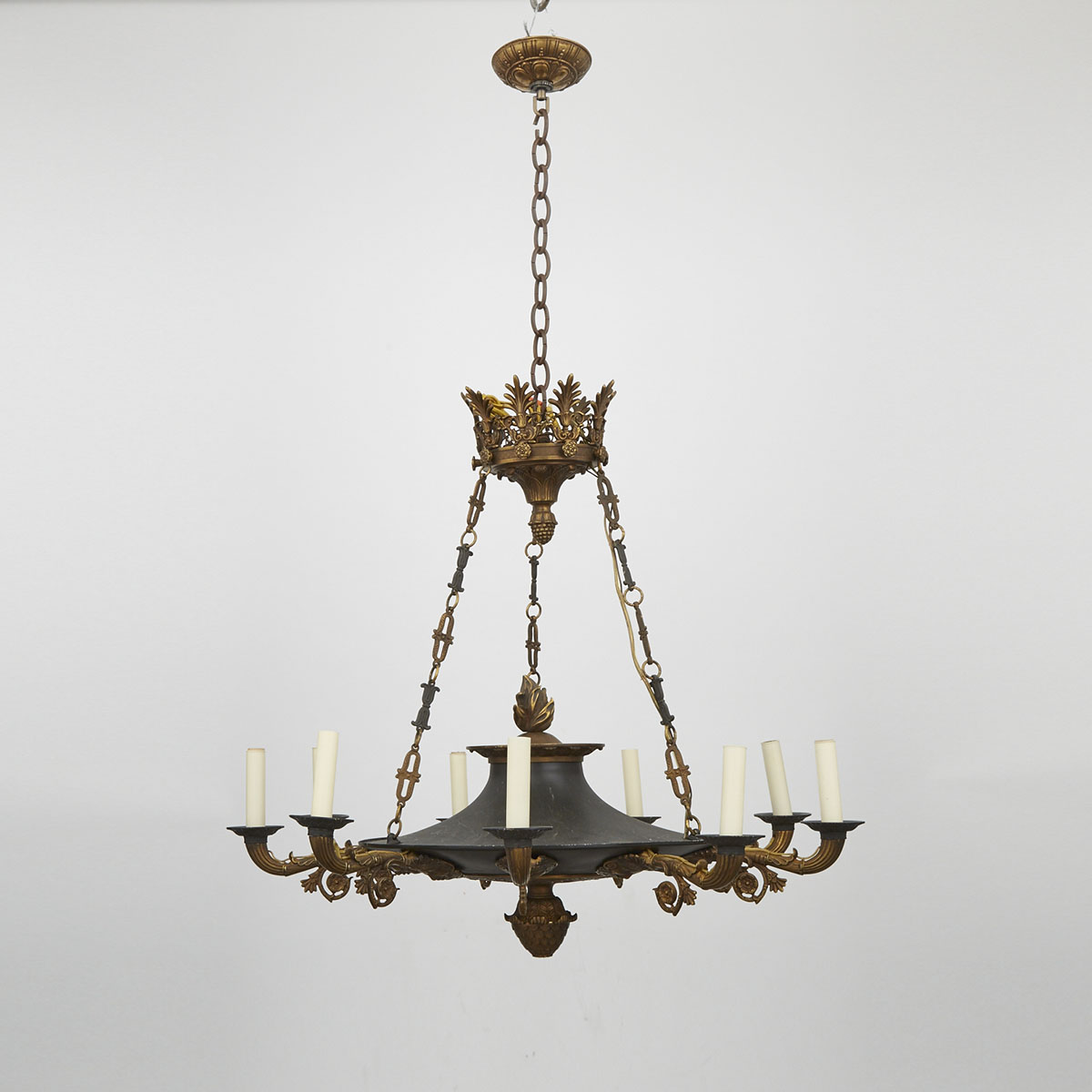 French Empire Style Gilt and Patinated Bronze Nine Light Chandelier,early 20th century