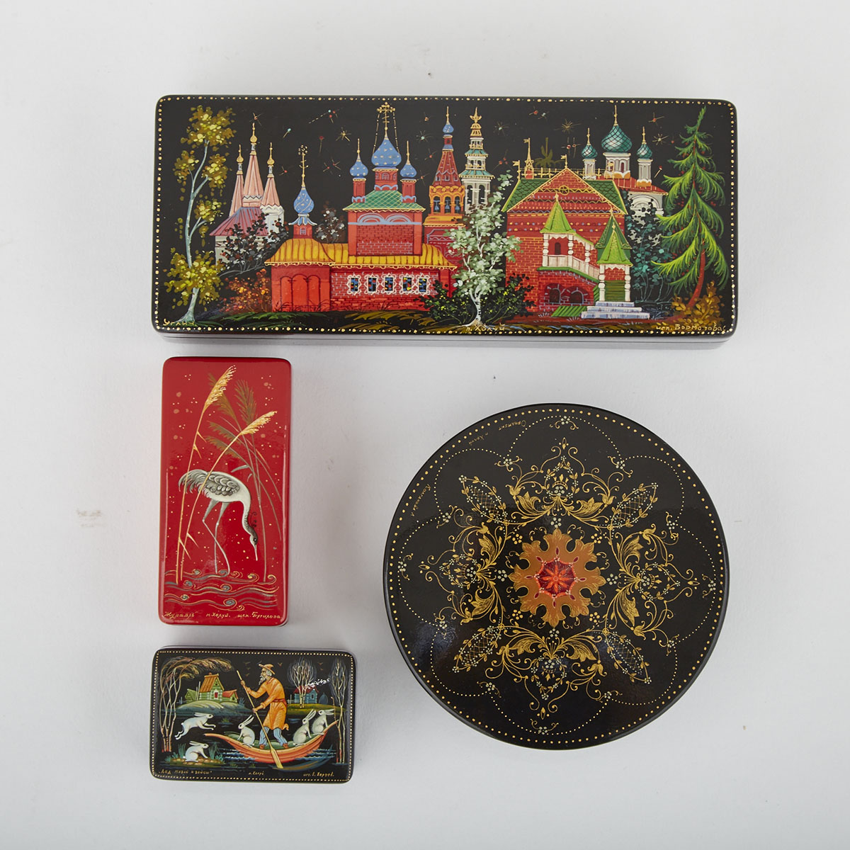 Group of Four Russian Lacquered Dresser Boxes, Kholuy, 20th century