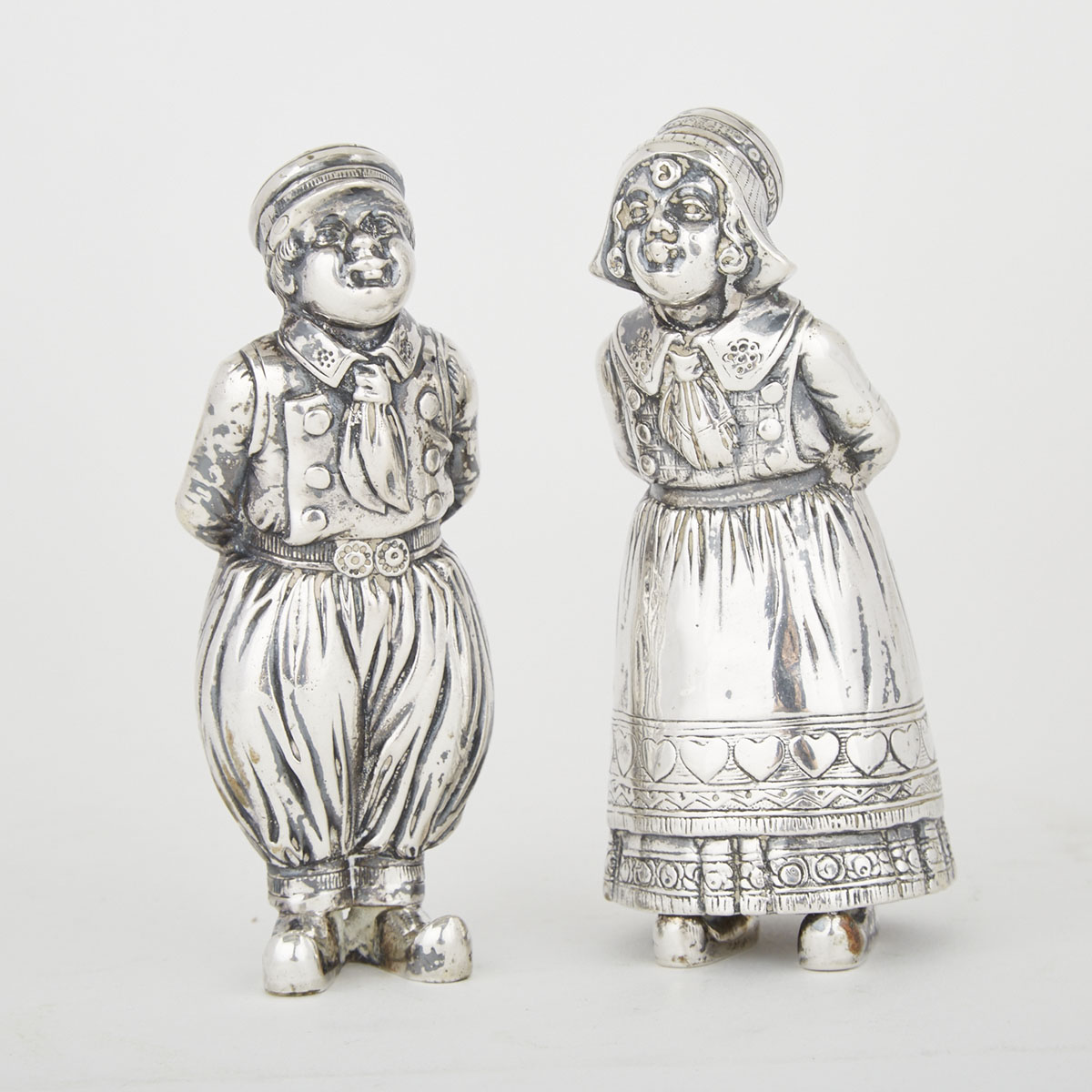 Pair of German Silver Dutch Figure Salt and Pepper Casters, Hanau, c.1900