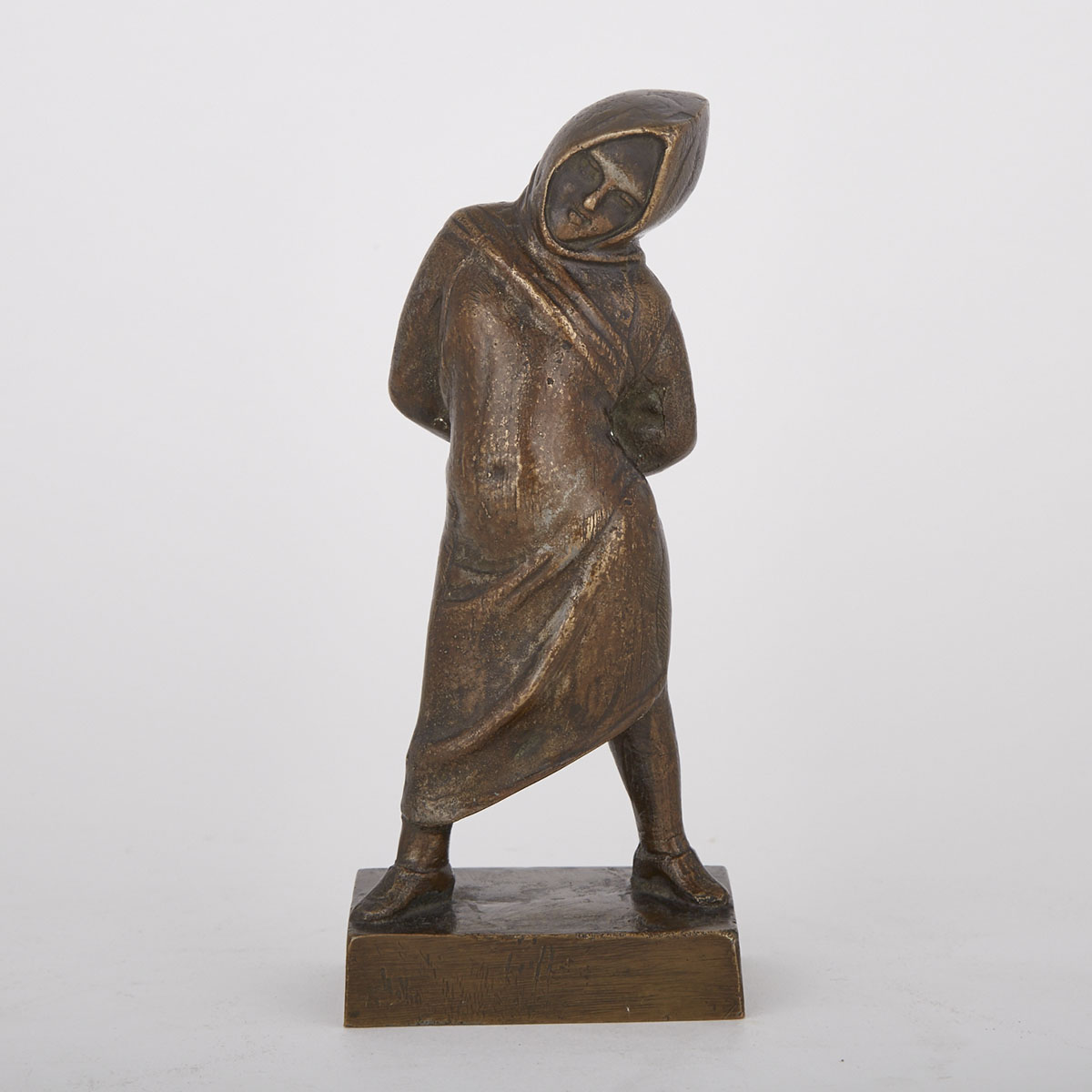 Patinated Bronze Figure of a Cloaked Young Girl, 20th century