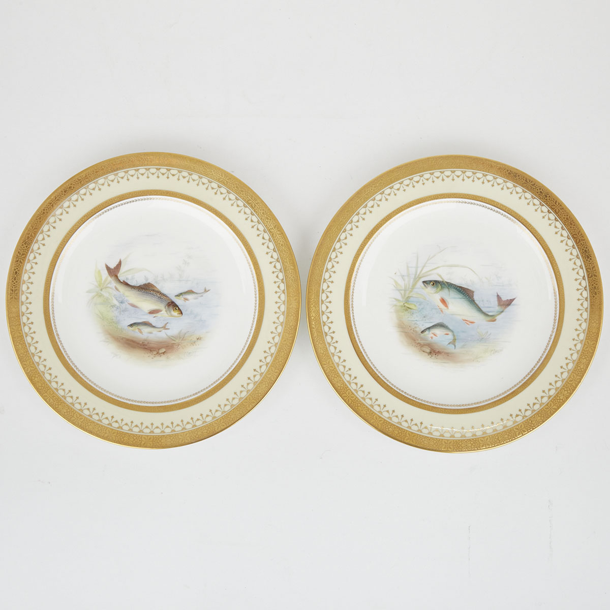 Pair of Royal Crown Derby Fish Plates, ‘Roach’ and ‘Rudd’, Cuthbert Gresley, 1910