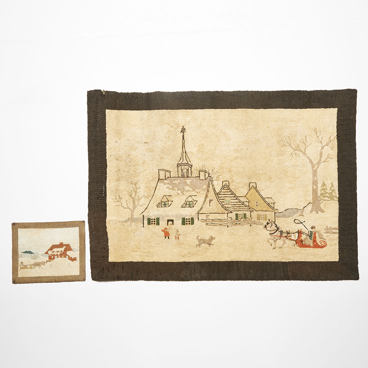 Quebec Scenic Hooked Rug and Mat (2 pieces), early 20th century