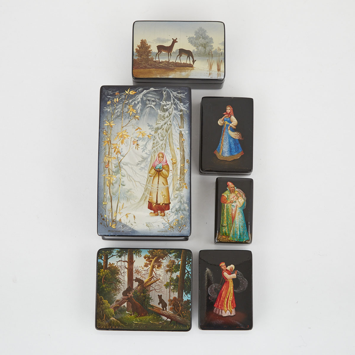 Group of Six Russian Lacquered Dresser Boxes, Fedoskino, 20th century