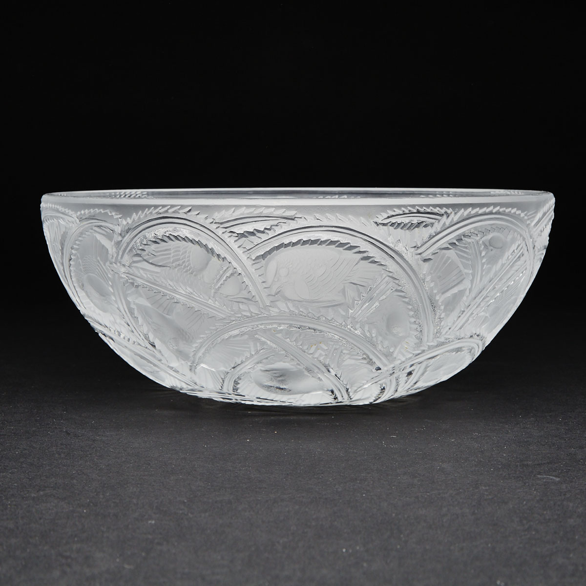 ‘Pinsons’, Lalique Moulded and Partly Frosted Glass Bowl, post-1945