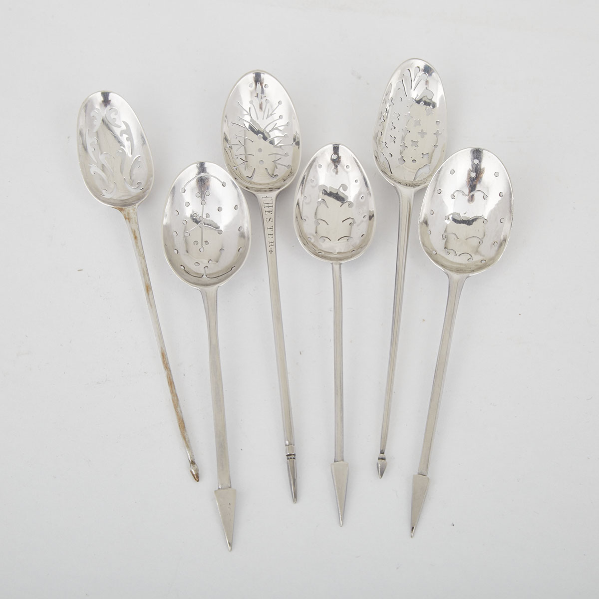 Six George II/III Silver Mote Spoons, mid-18th century