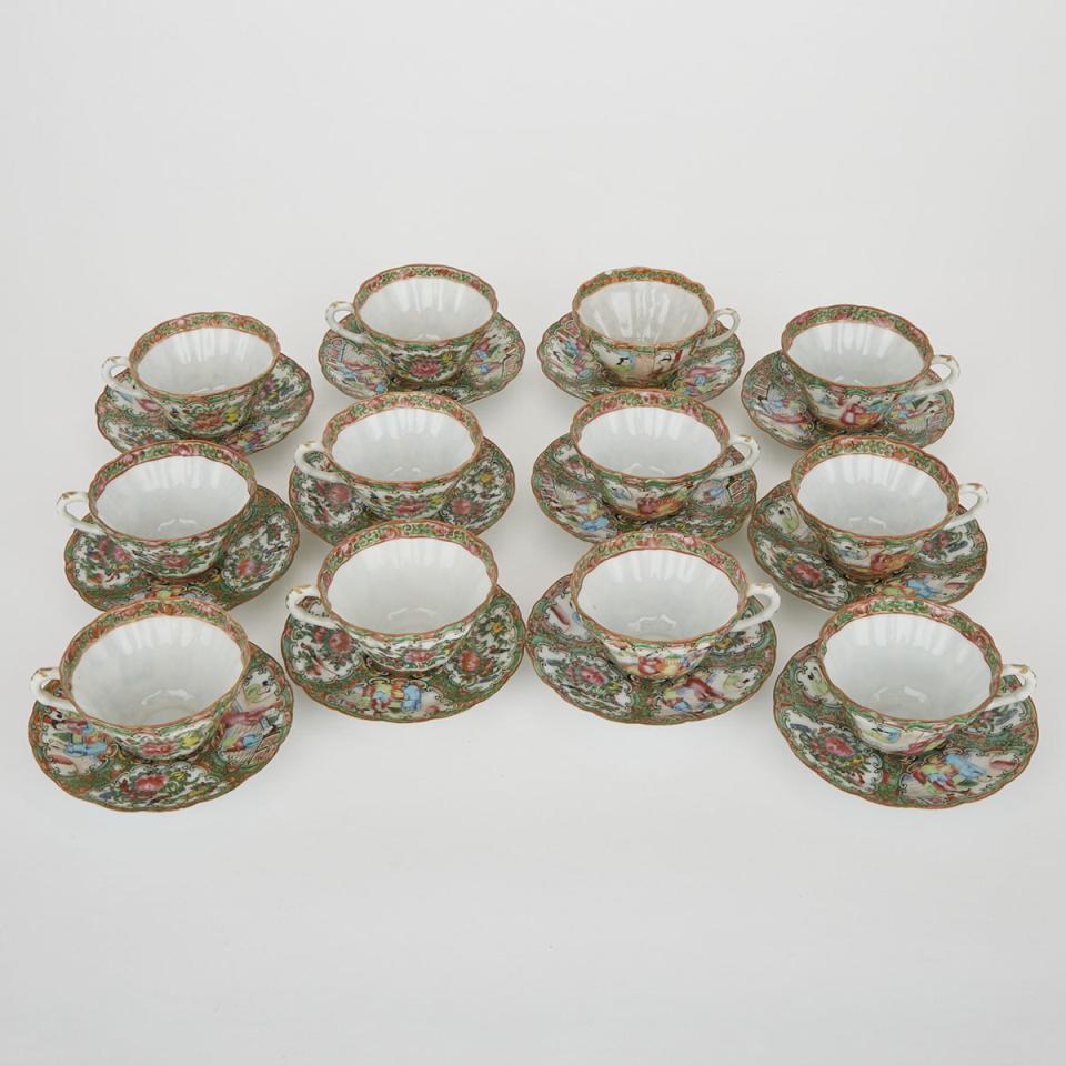 A Set of Twelve Rose Medallion Teacups and Saucers, 19th/20th Century