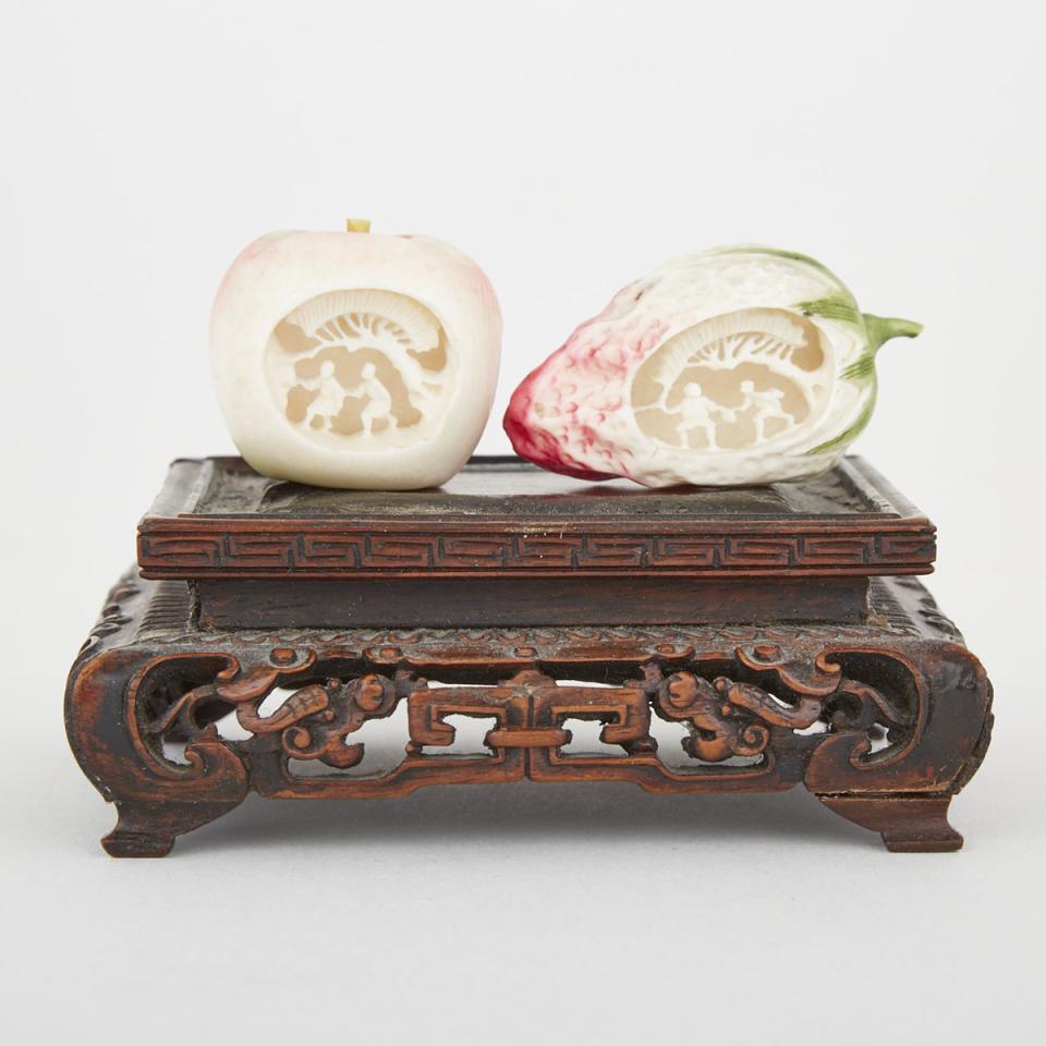 Two Interior-Carved Ivory Okimono of Fruit, Early 20th Century