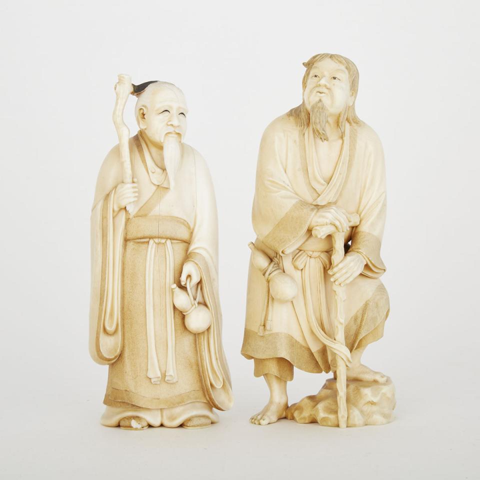 Two Carved Japanese Ivory Okimono, Early 20th Century