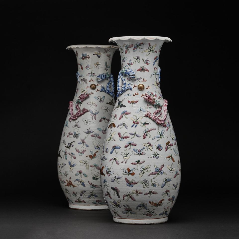 A Pair of Rare and Massive Chinese Dragons ‘Mille Papillons’ Lobed Rim Vases, Guangxu/Early Republic Period, Early 20th Century