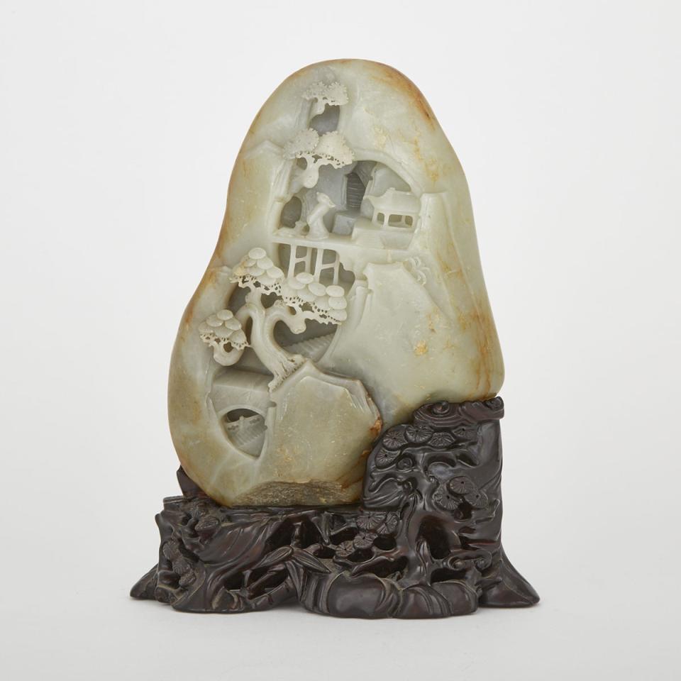A Large Jade Boulder Carving with Stand