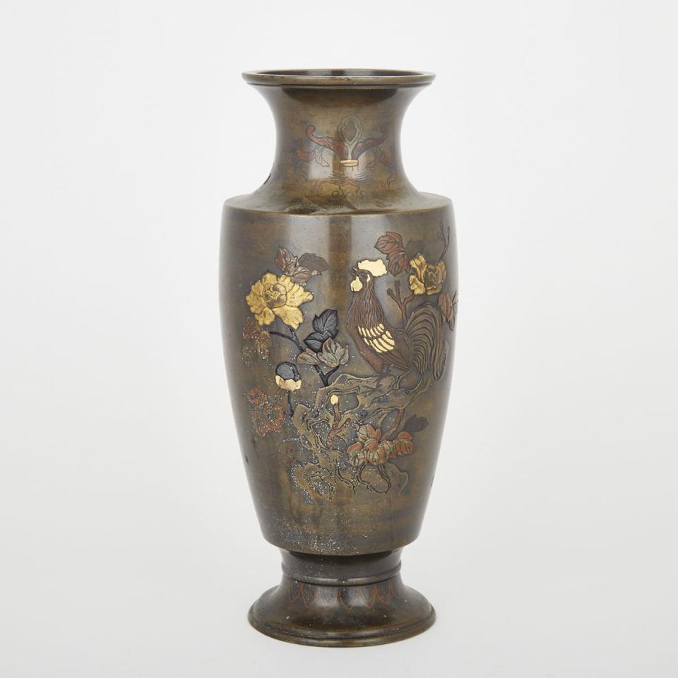 A Japanese Silver Inlaid Bronze Vase, Meiji Period