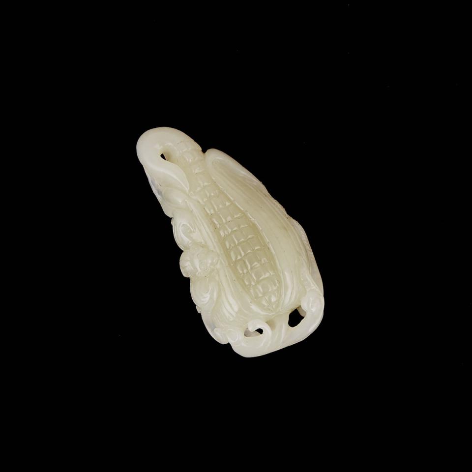 A Celadon White Jade Carving of a Bat and Corn