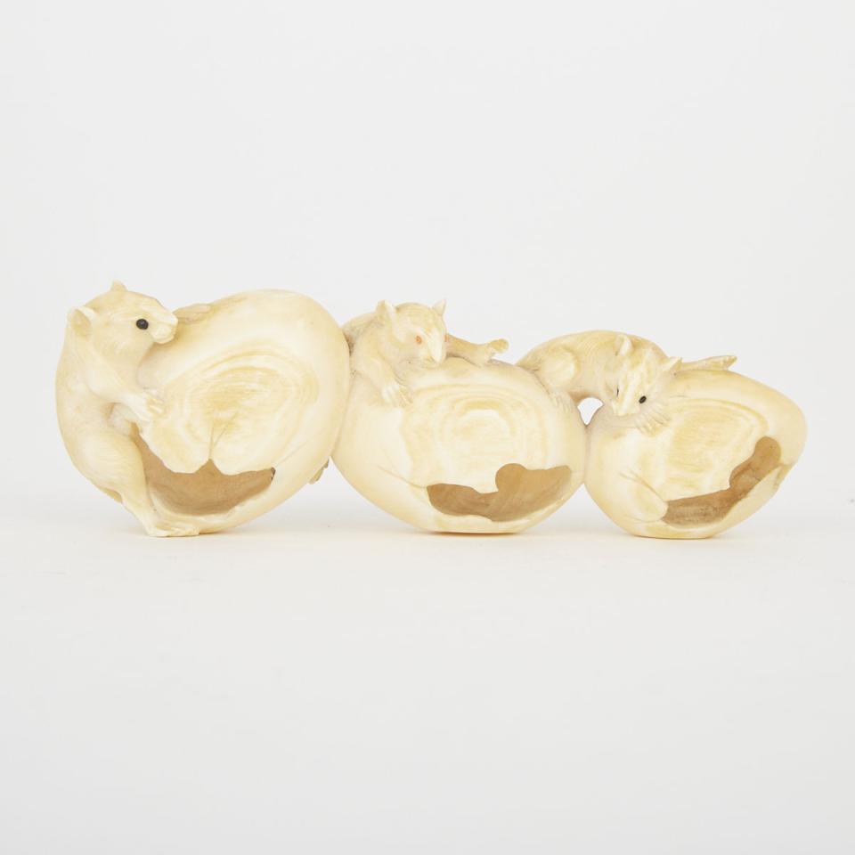 A Finely Carved Ivory Okimono of Mice, Early 20th Century