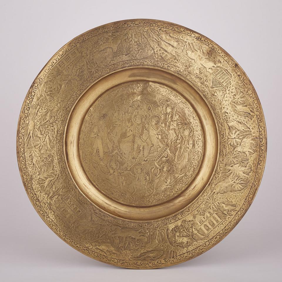 An Indian Engraved Brass Table Tray, early 20th century