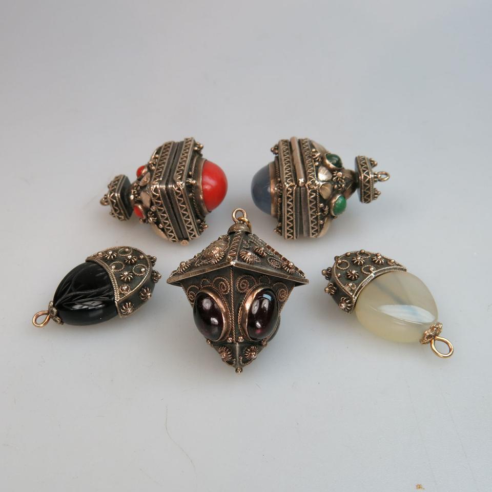 5 Various Silver And Yellow Gold Pendants