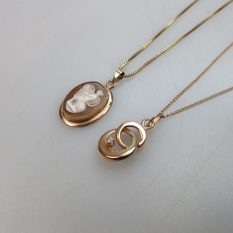 Two 14k Yellow Gold Pendants Suspended On 14k Yellow Gold Chains