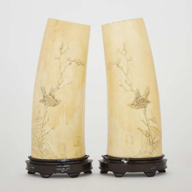 A Pair of Carved Ivory Wrist Rests with Birds, Early 20th Century