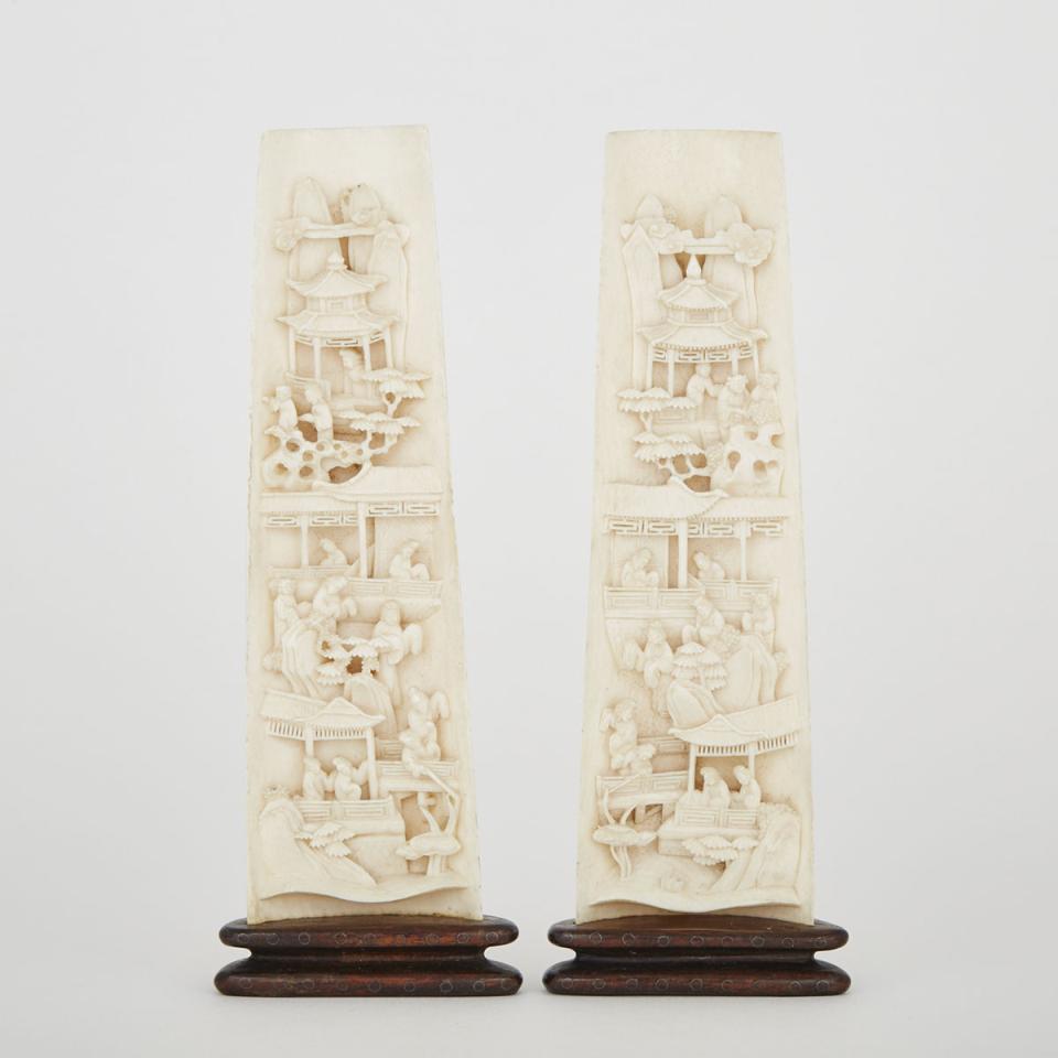 A Pair of Carved Ivory Wrist Rests with Landscapes, Early 20th Century