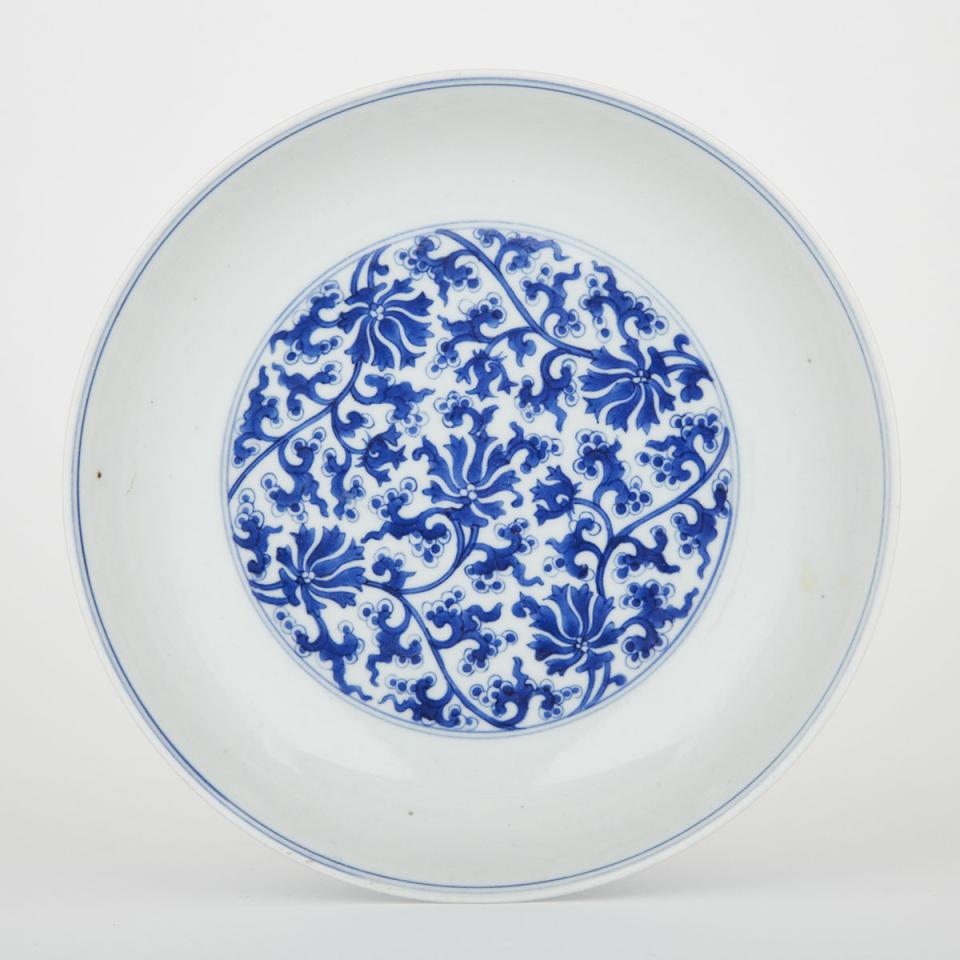 A Rare Blue and White Peony Dish, Kangxi Mark and Possibly of the Period