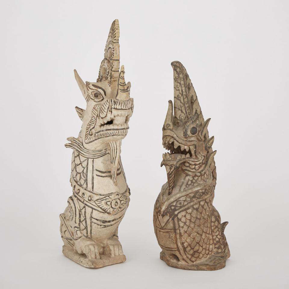 Two Sawankhalok Brown-and-Pearl Pottery Models of Mythical Serpent, Naga, 15th/16th Century