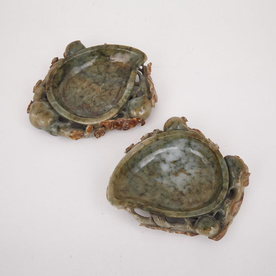A Pair of Spinach Green Jade Peach-Form Trays, Early 20th Century