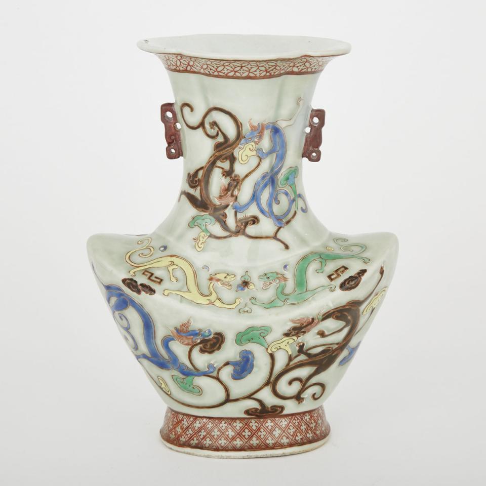 A Famille Rose Dragon and Lingzhi Celadon Vase, Qianlong Mark, Republican Period